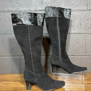 David Tate Black Suede Tall Knee High Boots Pony Hair Trim Studded Women’s 9.5
